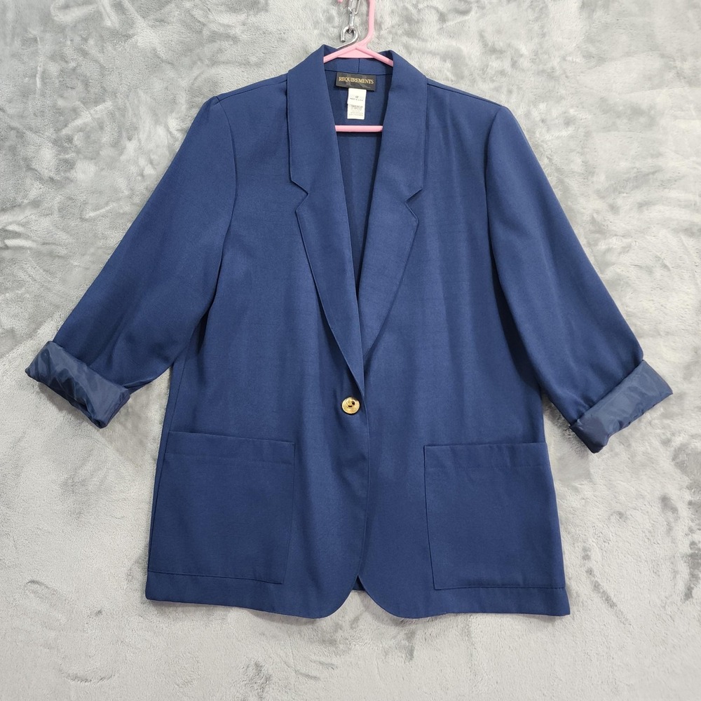 Vintage Requirements Blazer Women 12 Blue 3/4 Sleeve Single Button Preppy Office